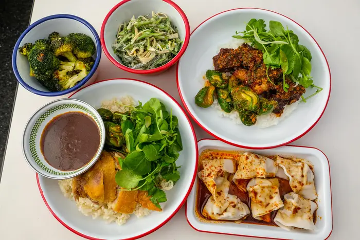 Charred Broccoli ($5), Tofu Seaweed Salad ($5), Yunnan Brisket ($14), Pork and Fennel Won Tons ($7), Mandarin Duck ($15.50)